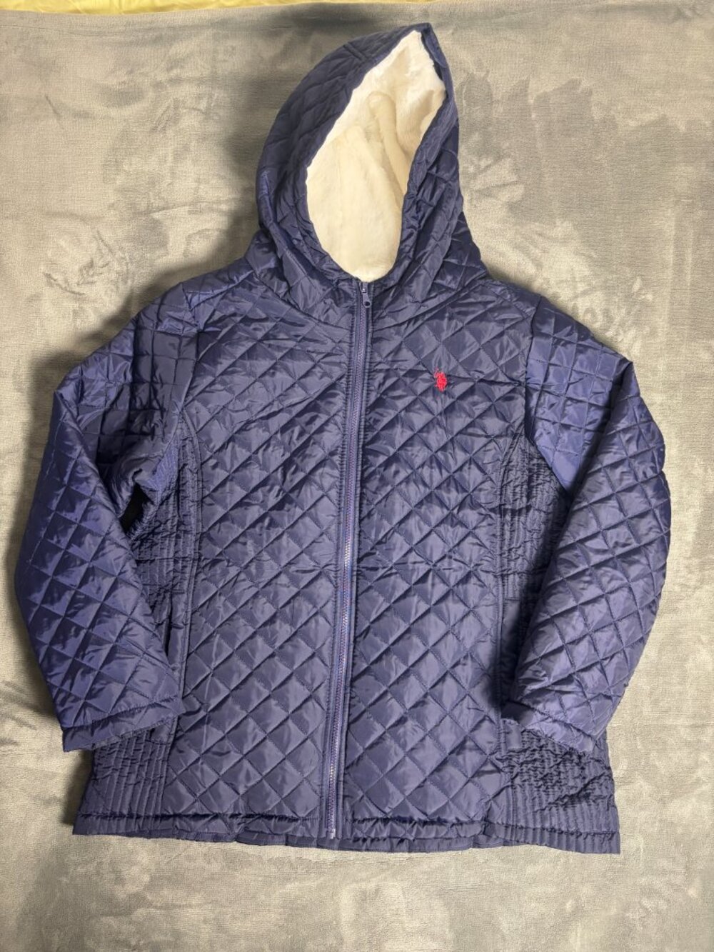 U.S. Polo Assn Women’s 1X Navy Quilted Jacket Faux Fur Lined Hooded Coat